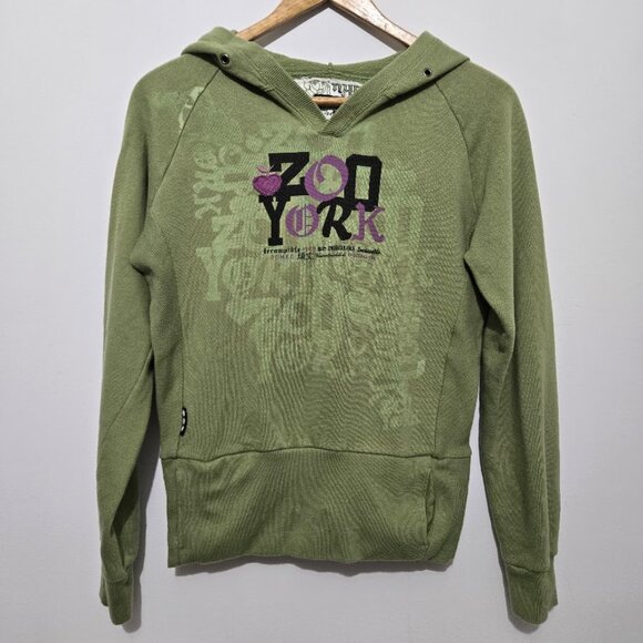 Zoo York Womens Y2K Hoodie Size M Skater Grunge Graffiti NYC Punk Pockets Green - Picture 1 of 11